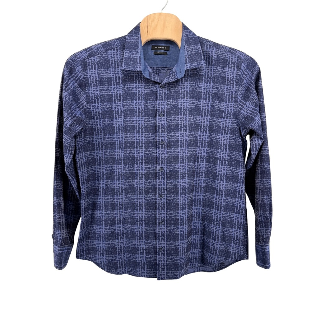 NEW Bugatchi Button Up Mens XXL Shirt Blue Shaped Fit Grid Pattern Long Sleeve